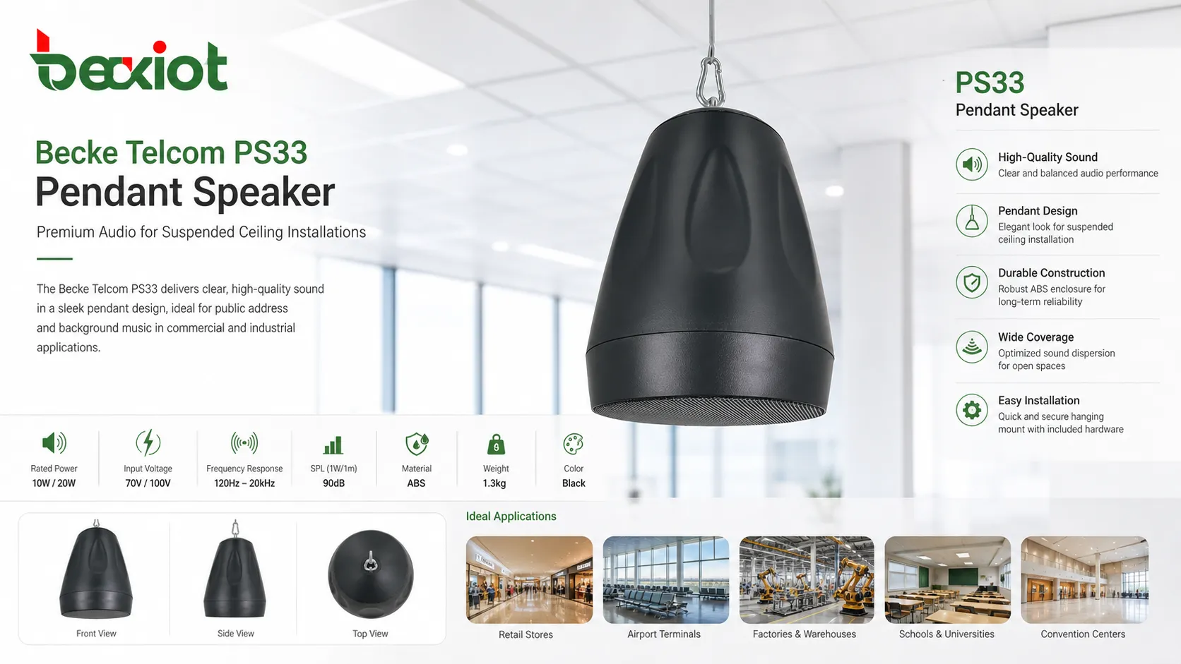 Becke Telcom PS33 Pendant Speaker 用于天花吊挂式音频安装