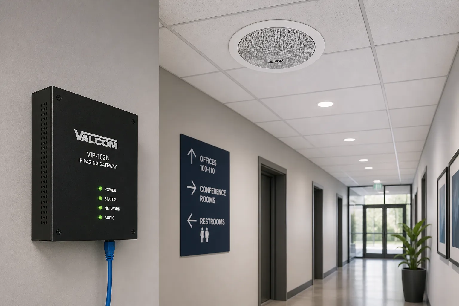 Valcom IP 广播网关与天花板扬声器安装在现代走廊中，呈现可扩展的网络音频解决方案