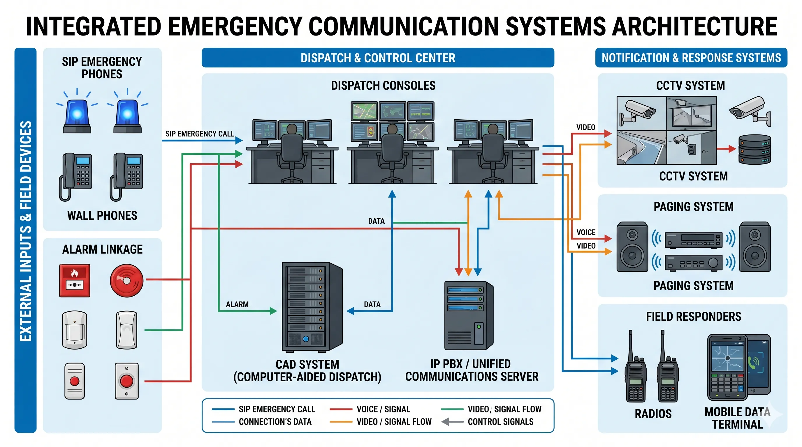 应急通信架构连接 CAD 系统、SIP 应急电话、IP PBX、调度台、CCTV、广播和报警联动
