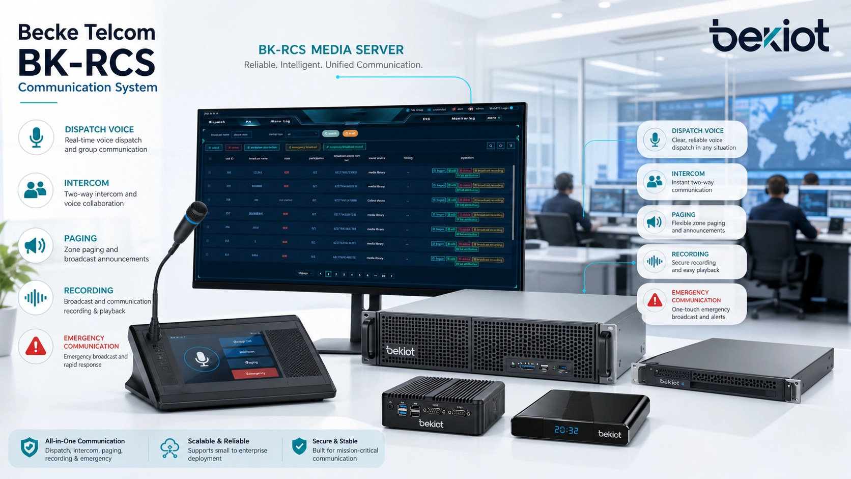 Becke Telcom BK-RCS 服务器和 BK-RCS 通信系统，展示用于调度语音、对讲、广播、录音和应急通信的媒体服务器功能