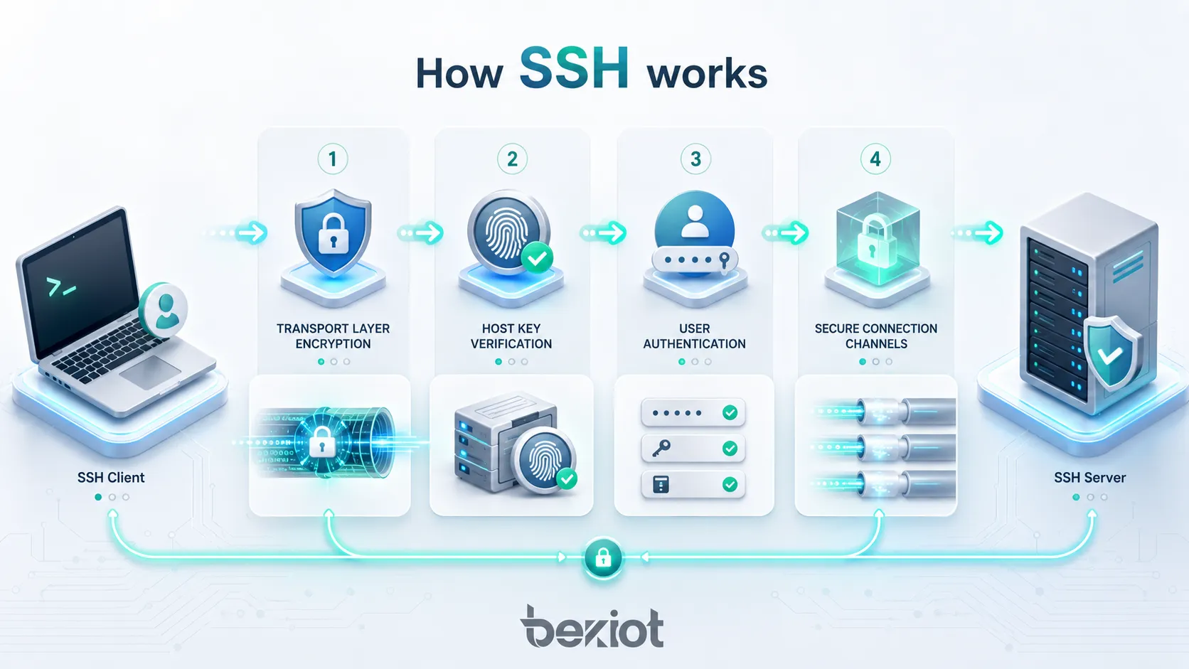 SSH 工作流程示意图：传输层加密、服务器主机密钥校验、用户认证、安全连接通道