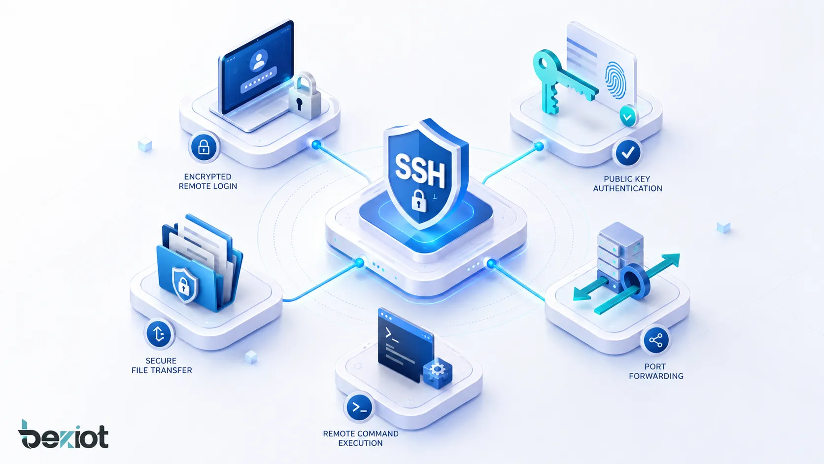 SSH 核心功能示意图：加密远程登录、公钥认证、安全文件传输、端口转发、远程命令执行