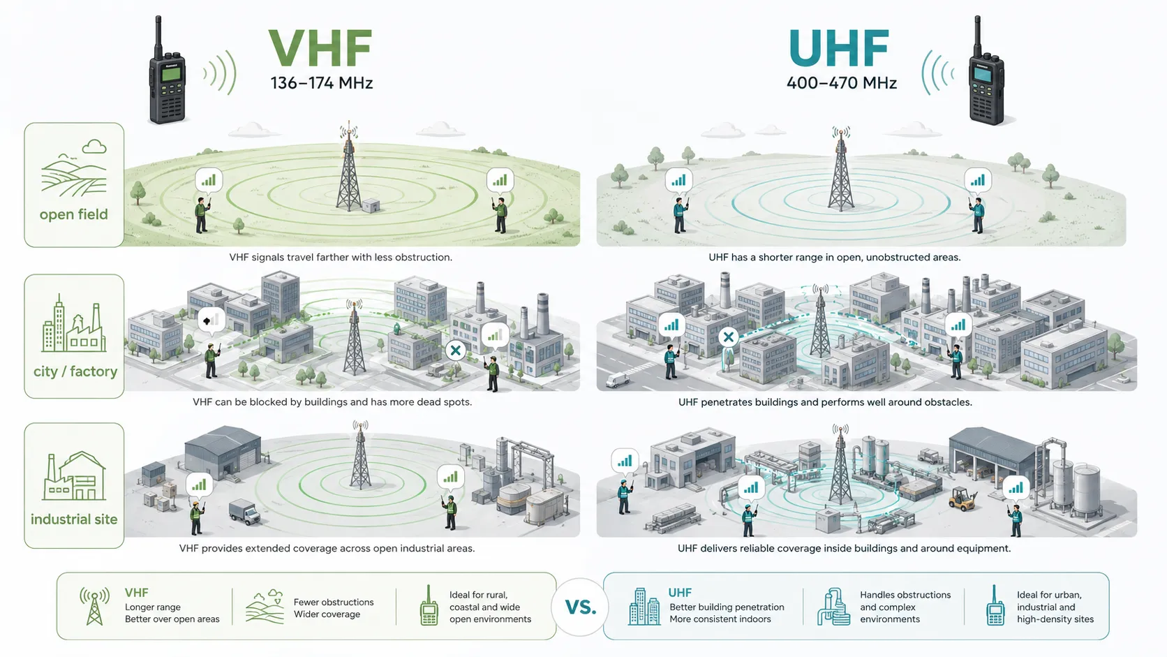 工厂城市和开阔场地环境中的VHF与UHF对讲机频率覆盖对比