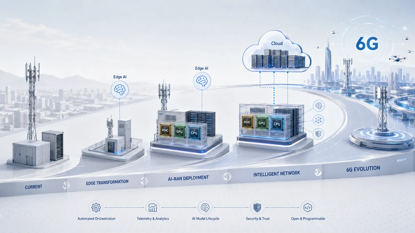 运营商 AI-RAN 部署路线图，包含 ASIC、GPU、CPU 异构计算、边缘 AI、云编排和 6G 演进