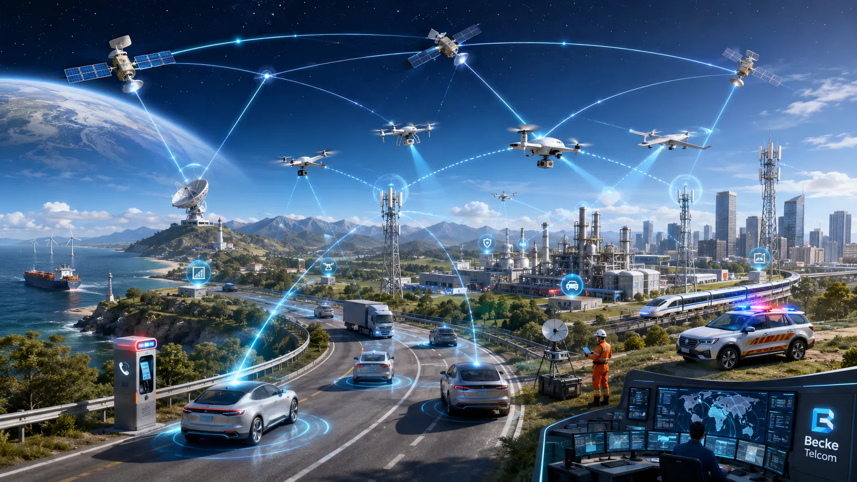 6G空天地一体化网络连接卫星、无人机、基站、智能车辆、工业场所和应急通信系统