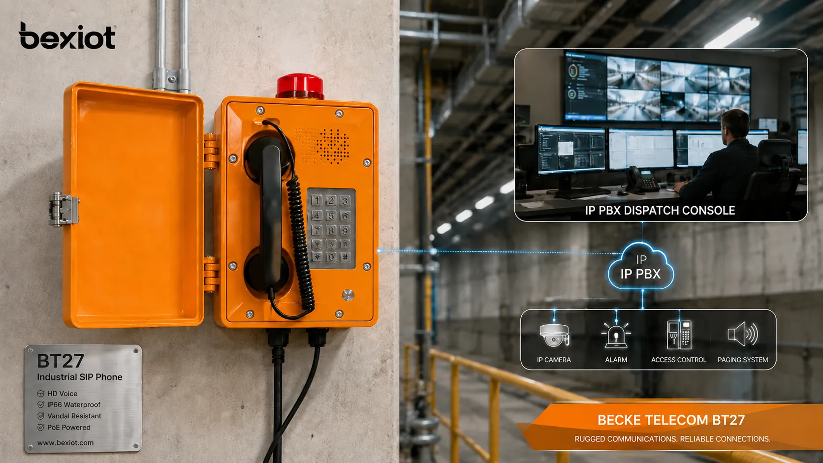Becke Telcom BT27 工业 SIP 电话作为坚固壁挂式对讲终端安装，并连接 IP PBX、调度台和控制室