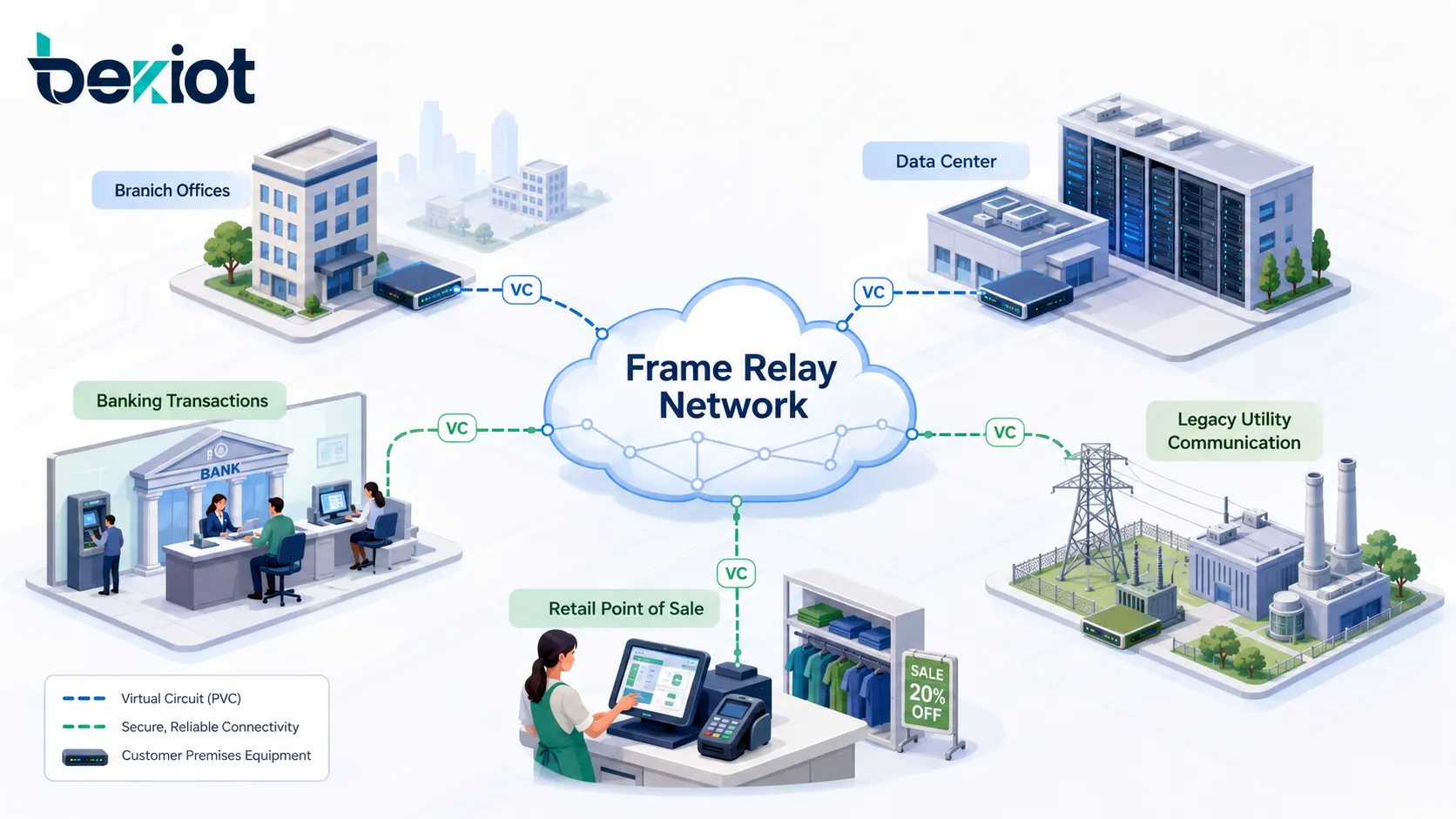 Frame Relay 用例,展示分支办公、数据中心接入、银行交易网络、零售 POS 和传统公用事业通信
