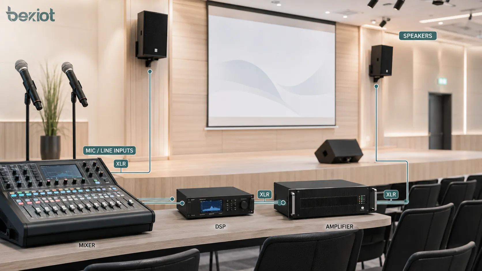 专业 AV 系统使用平衡音频连接麦克风、调音台、DSP、功放和扬声器