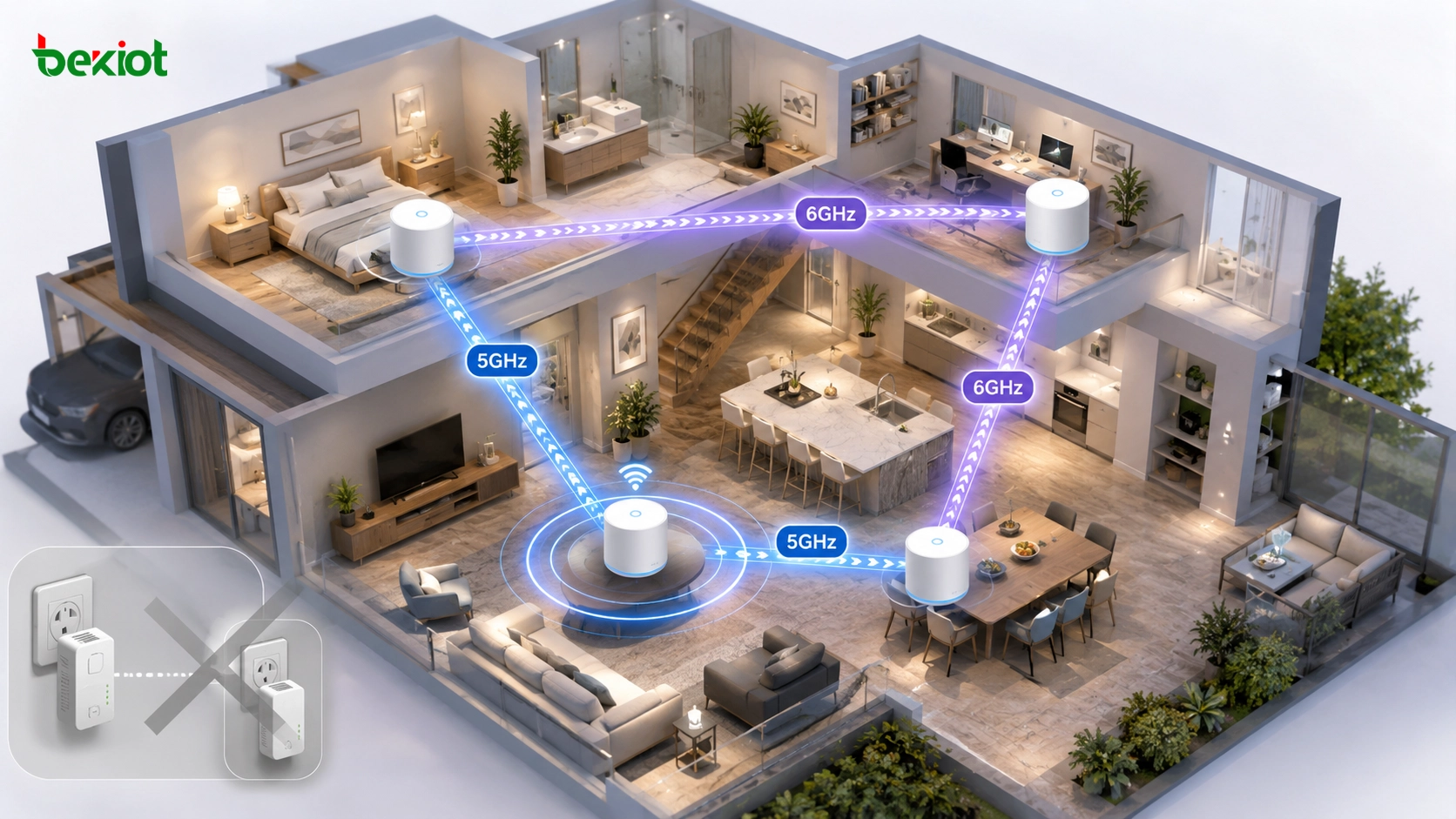 Wi-Fi Mesh 网络替代电力线适配器，通过 5GHz 和 6GHz 无线回程实现全屋覆盖