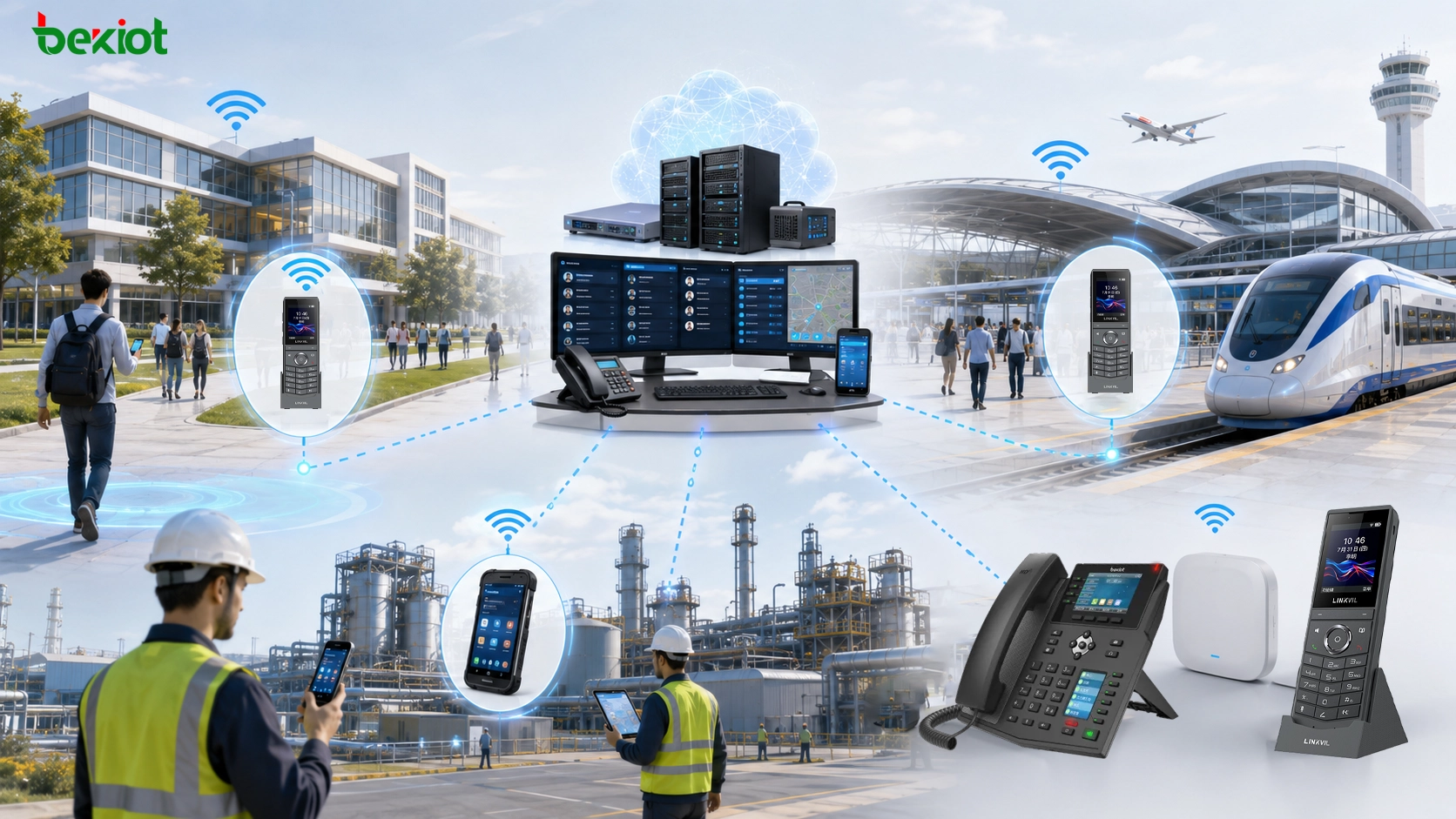 面向园区、交通枢纽和工业通信的 Wi-Fi 电话部署，包含 SIP PBX、调度和移动终端