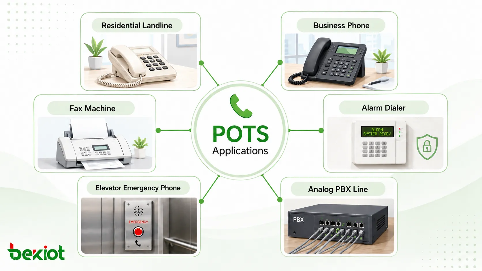 POTS 应用示意图，显示住宅固定电话、商务电话、传真机、报警拨号器、电梯紧急电话和模拟 PBX 线路