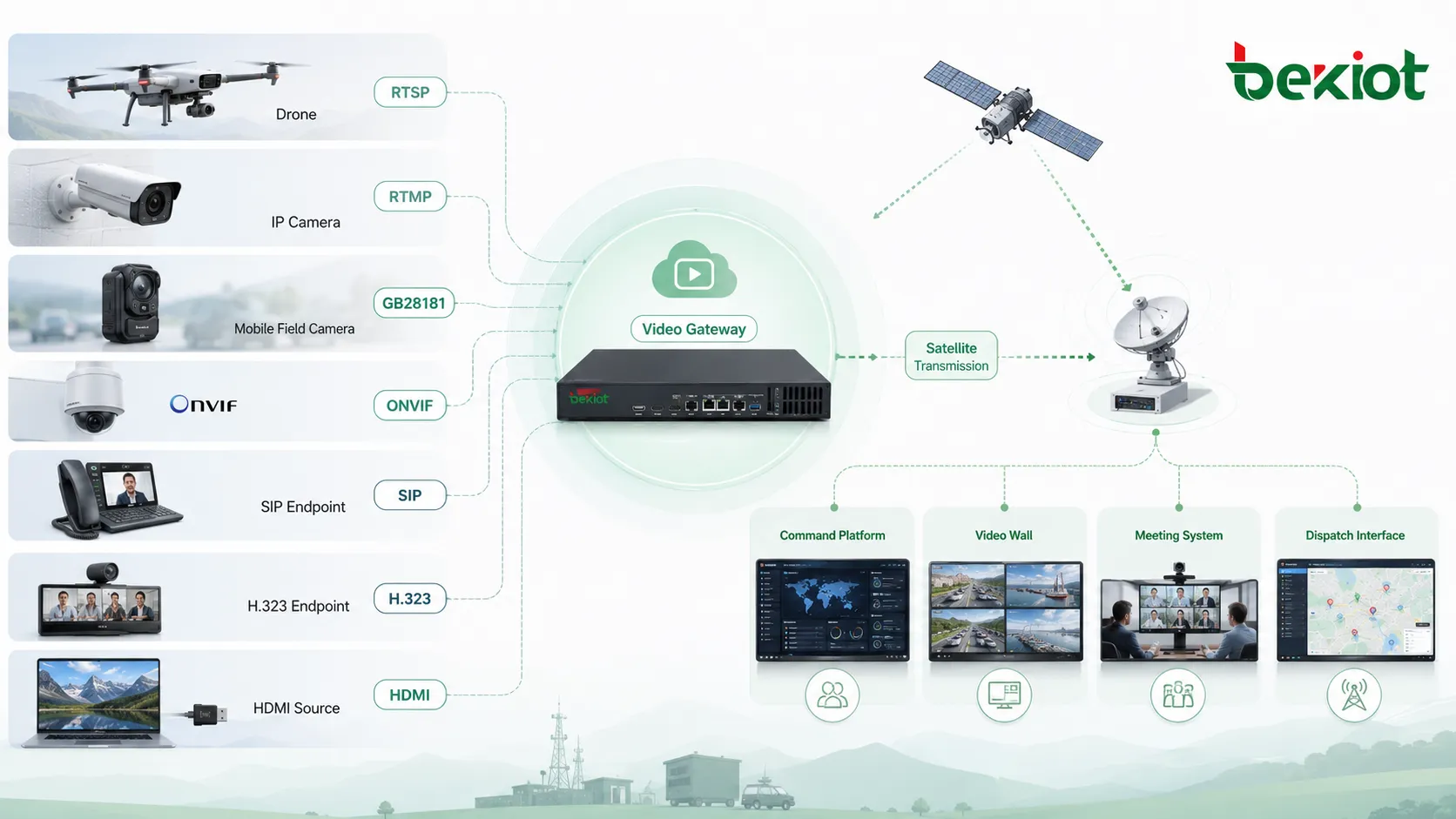 视频网关架构，连接无人机、RTSP、RTMP、GB28181、ONVIF、SIP、H.323、HDMI 视频源与卫星传输和指挥平台