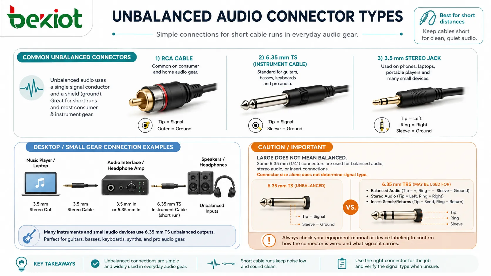 非平衡音频连接器类型图，展示 RCA 线缆、TS 乐器线、3.5mm 立体声插孔和短距离桌面音频连接