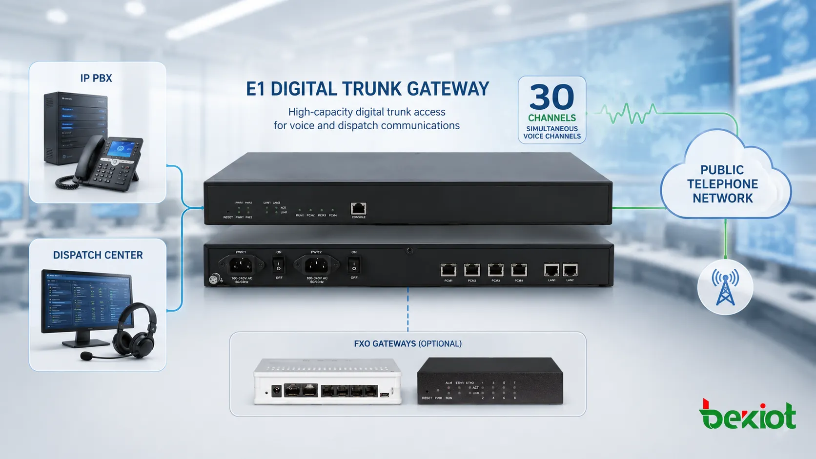 E1 数字中继网关连接 IP PBX、调度中心和公共电话网络，支持 30 路同时语音通道