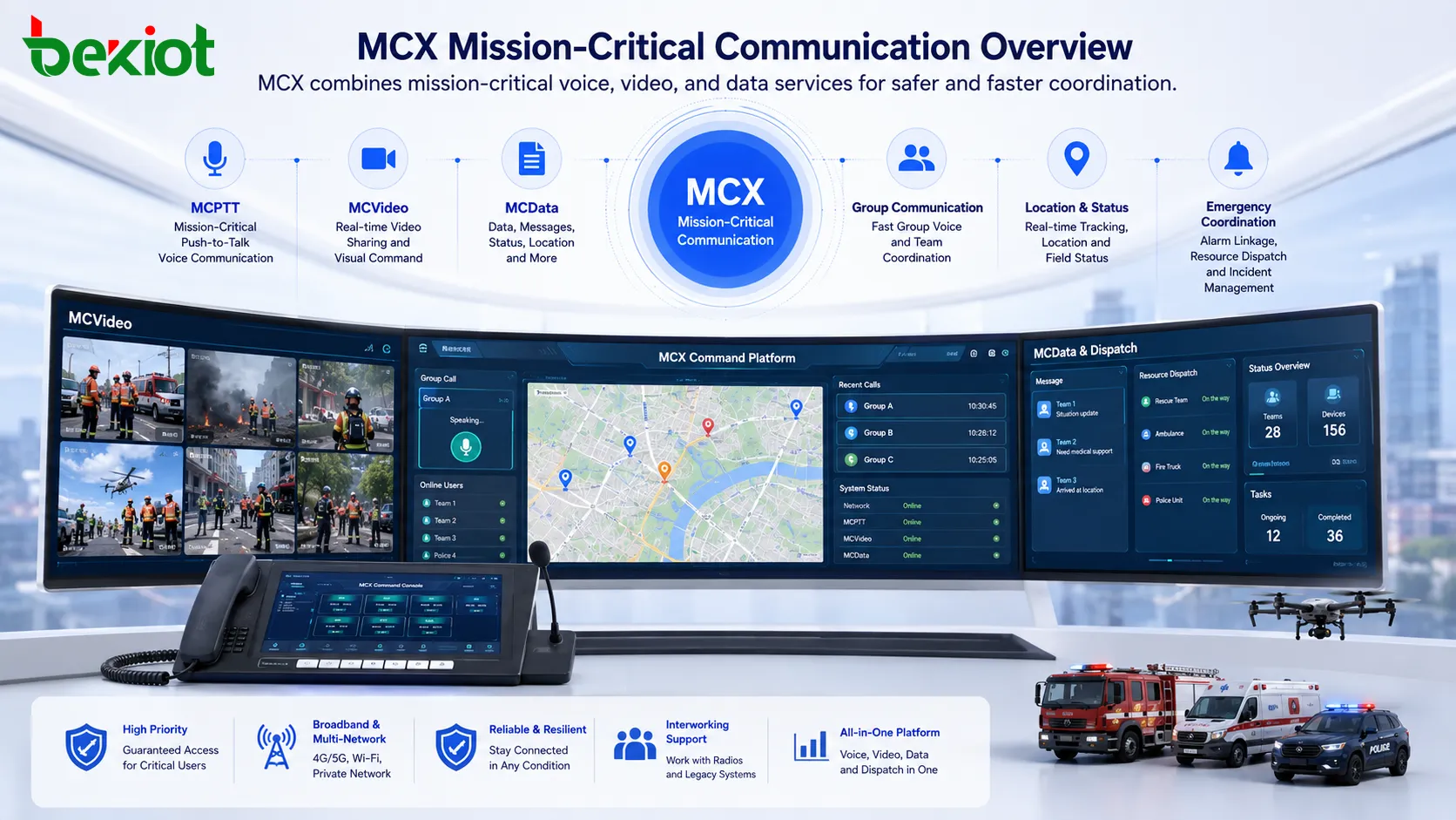MCX 视频指挥平台整合现场视频、调度台、GIS 地图和应急通信