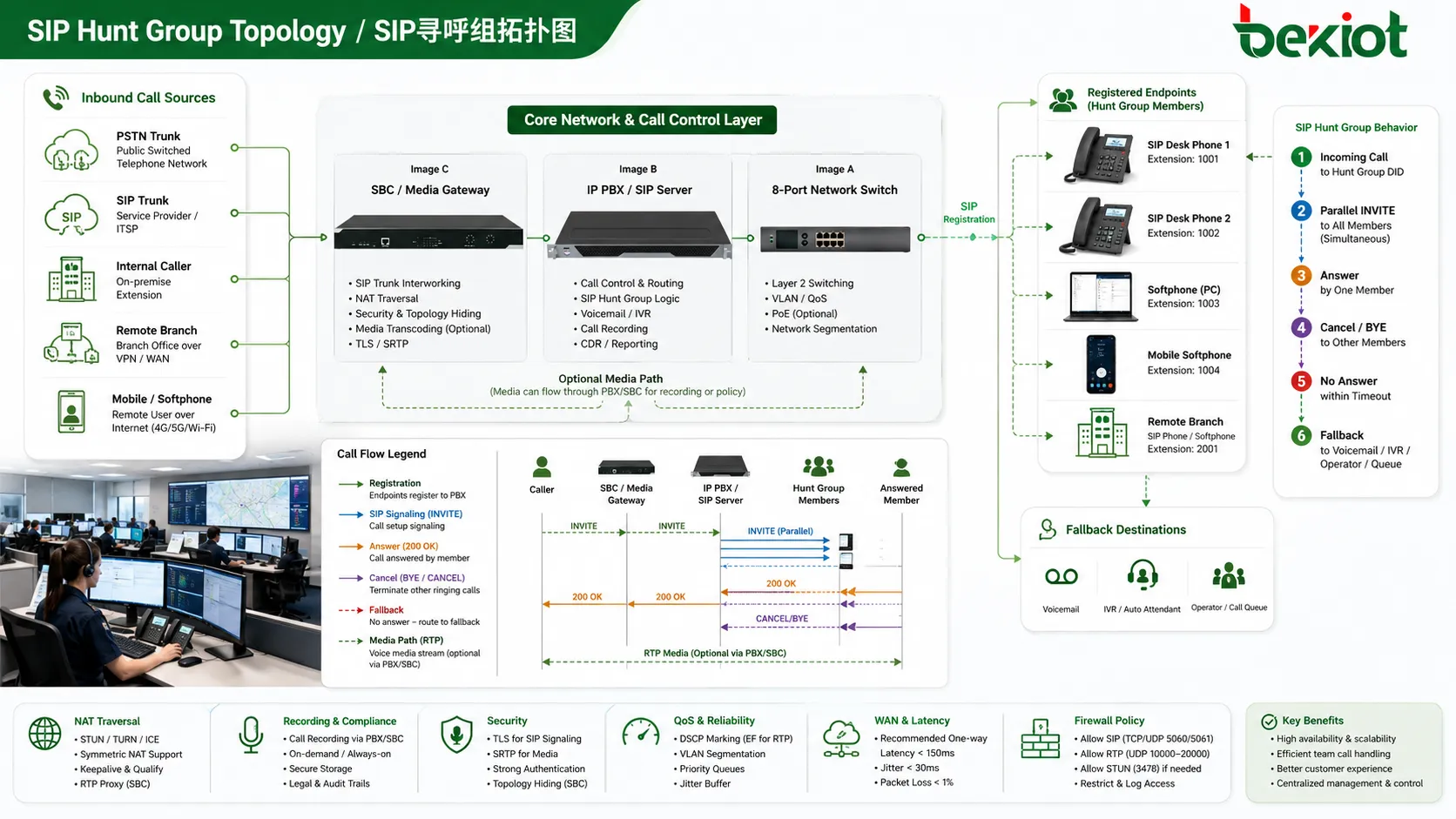 SIP 寻线组拓扑包含 IP PBX SIP 服务器 SBC 远程分支软电话和桌面电话