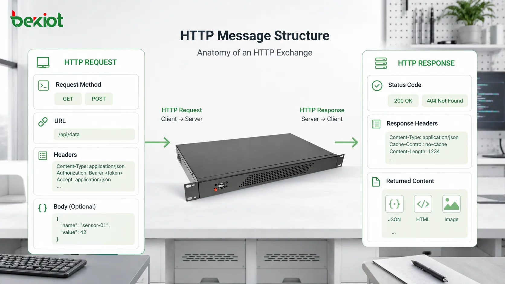 HTTP 请求-响应流程，展示浏览器客户端、DNS 查询、Web 服务器、请求方法、头部、状态码和响应正文