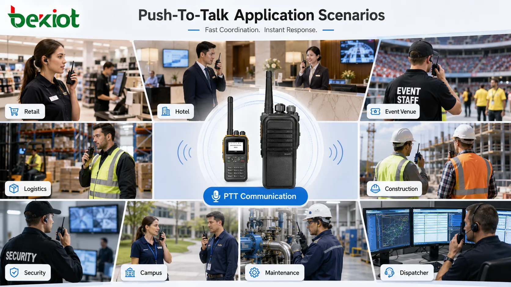 Push-To-Talk应用场景，显示安防巡逻、工业维护、物流车队、施工现场、园区设施团队和调度员协同