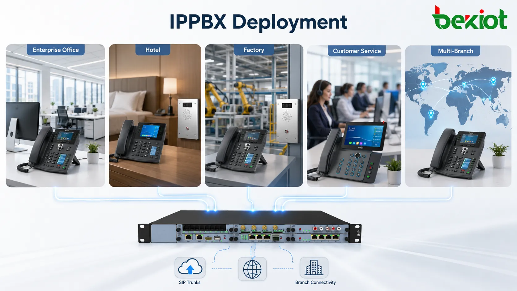 IPPBX部署于企业办公室、酒店、工厂、客户服务中心和多分支组织