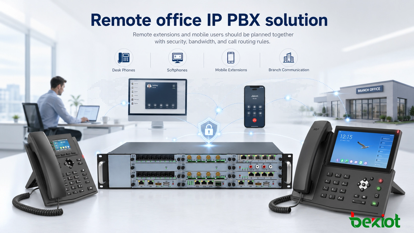 包含桌面电话、软电话、移动分机和分支通信的远程办公IP PBX解决方案