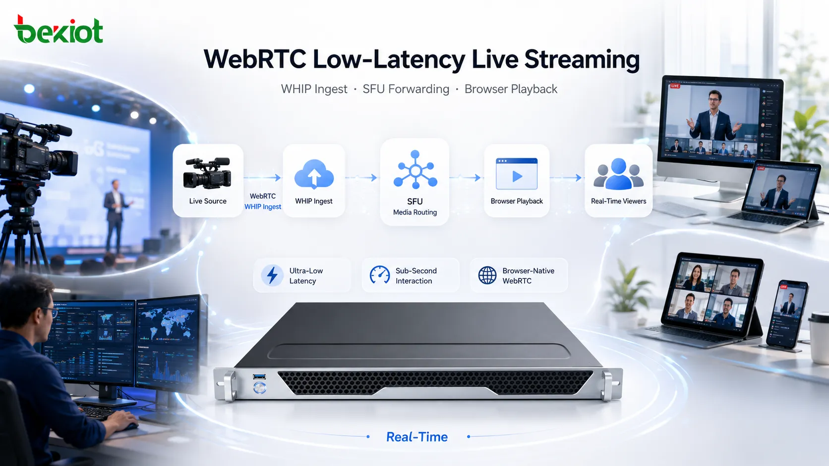 WebRTC低延迟直播架构，包含WHIP推流、SFU媒体路由和浏览器播放