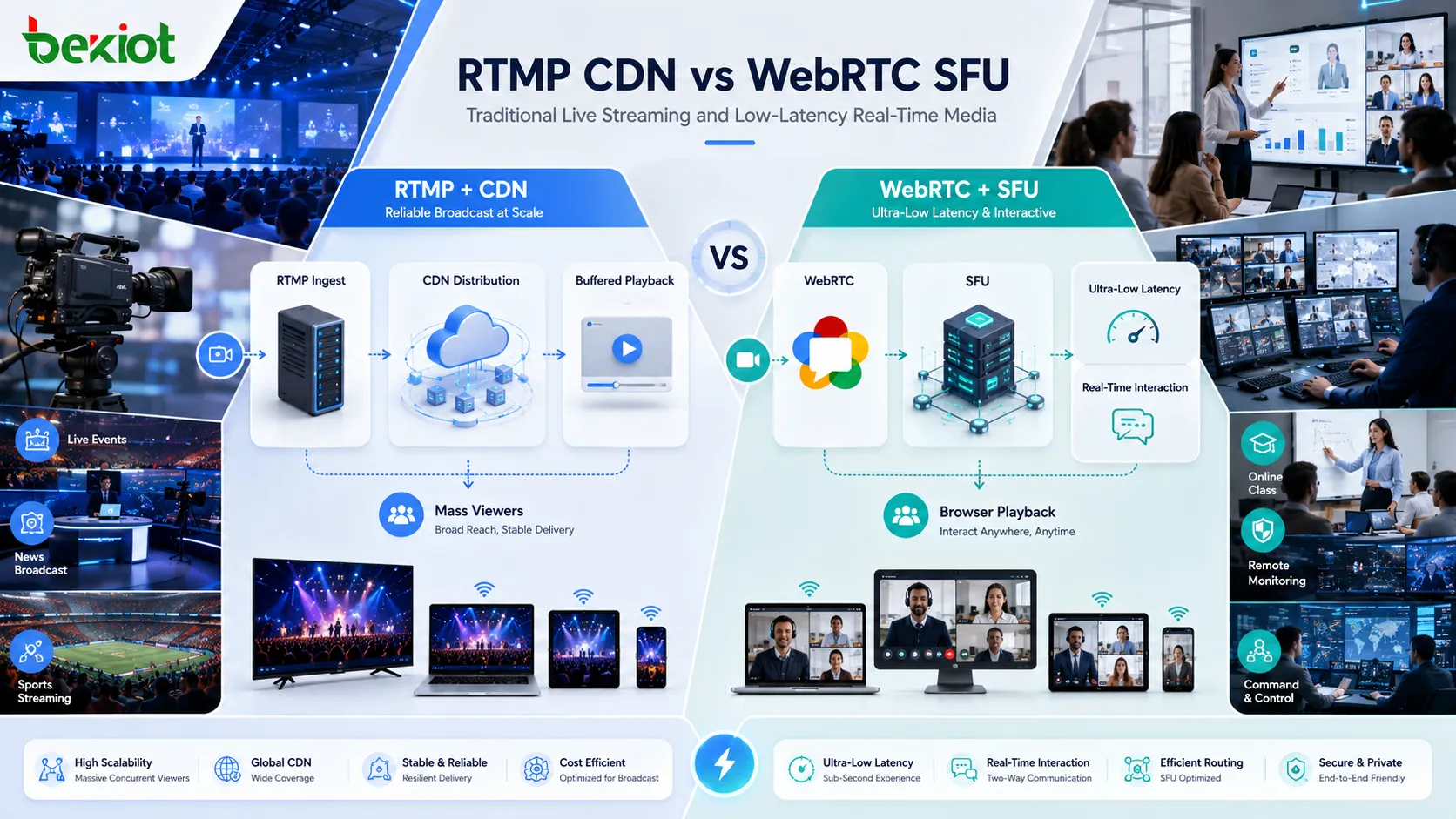 RTMP CDN直播架构与WebRTC SFU低延迟直播架构对比