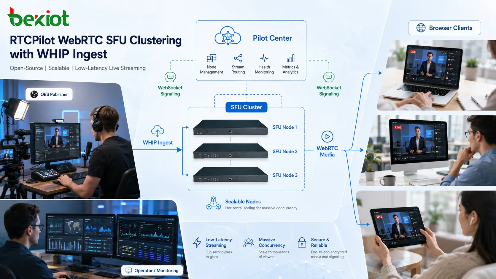 WebRTC WHIP推流与SFU集群架构，包含Pilot Center、SFU节点、OBS发布端和浏览器客户端