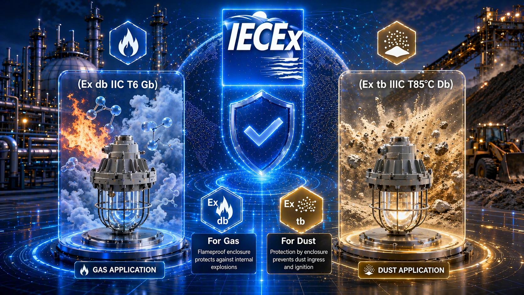 展示 IECEx 标准体系层级的示意图,包括 IEC 60079-0、14、17、31 以及危险区域分类