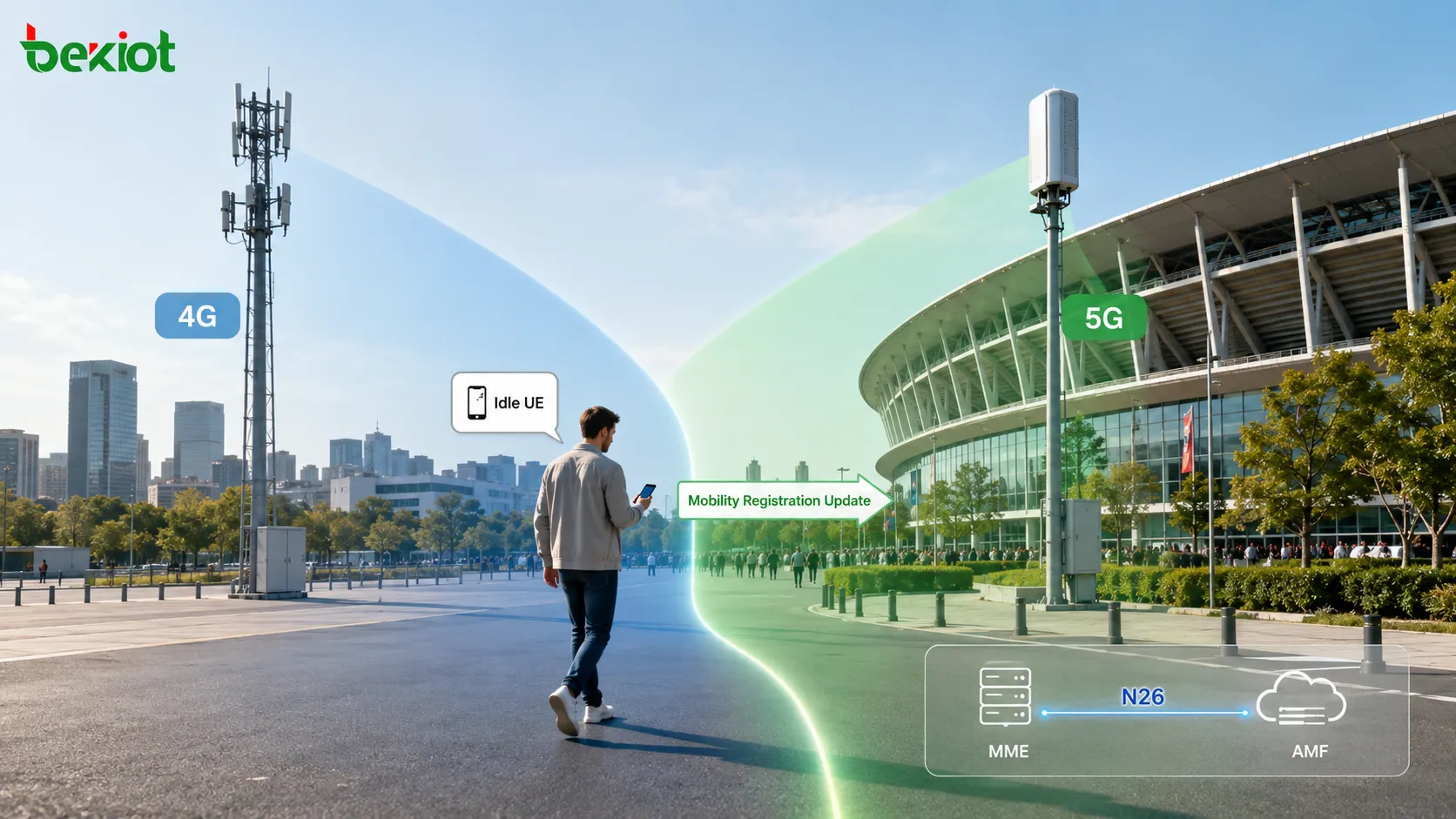 4G到5G的空闲态移动性，展示UE从LTE eNodeB覆盖移动到5G gNodeB覆盖，并通过MME-AMF N26接口进行移动性注册更新