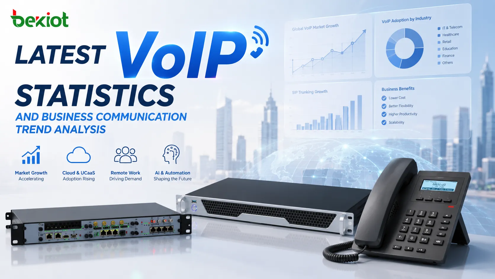 VoIP统计数据展示云电话系统、SIP中继、远程办公、统一通信和AI语音平台推动企业通信增长