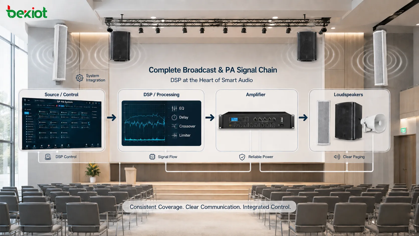 采用DSP进行扬声器均衡、延时、分频、限幅和一致覆盖控制的专业广播与PA系统