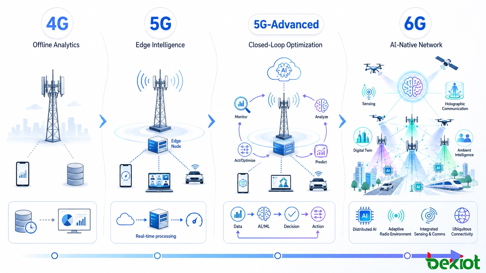 AI在移动网络中的演进：从4G离线分析到5G边缘智能、5G-Advanced闭环优化，再到未来AI原生的6G