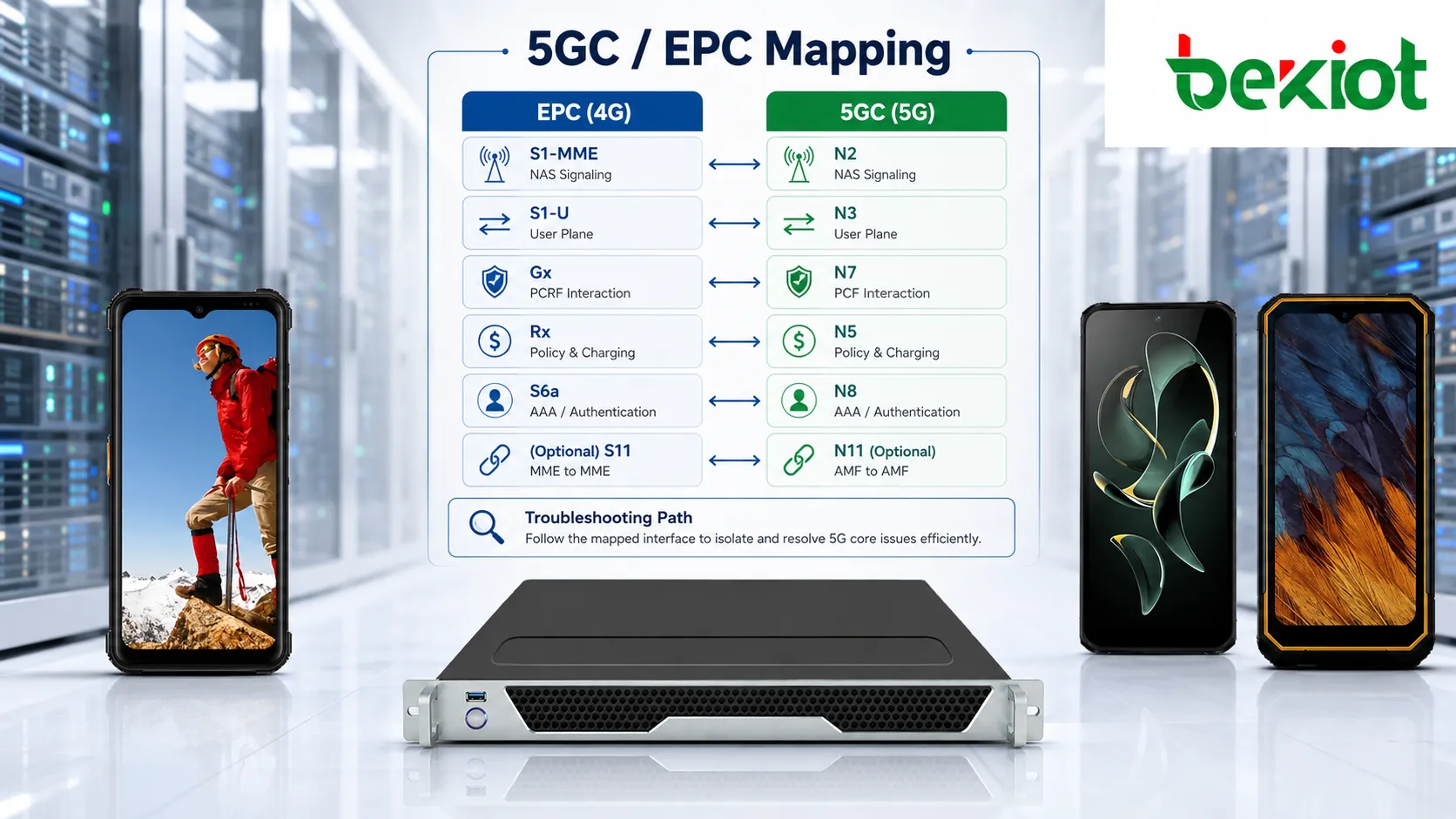 5GC 与 EPC 接口映射图，对比 N2、N3、N4、N5、N7、N8、N11 等核心网接口与 S1、Gx、Rx、S6a 及传统 EPC 接口