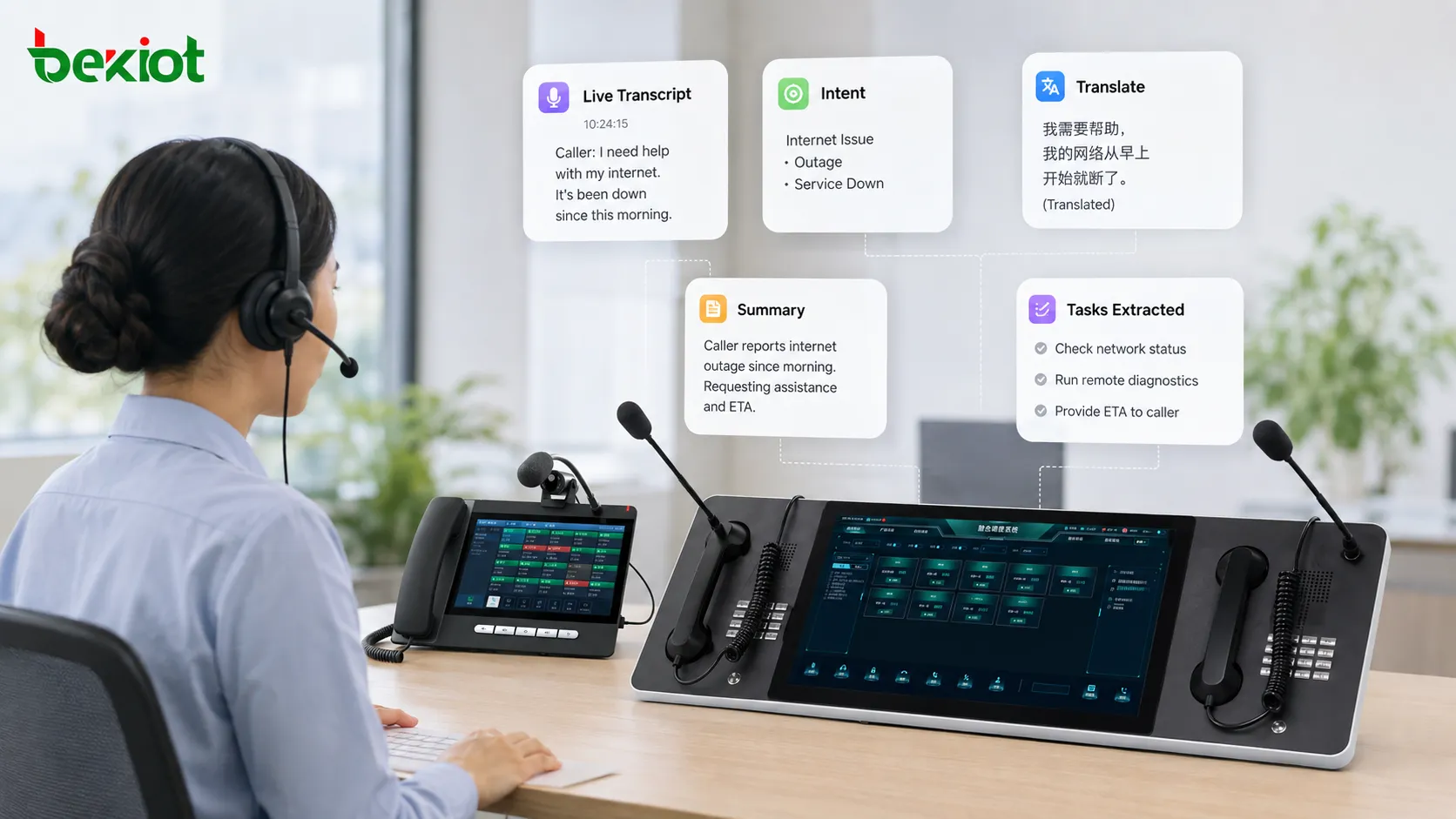 AI辅助的实时VoIP通话分析,展示语音转写、客户意图识别、实时翻译、历史数据匹配和智能坐席辅助