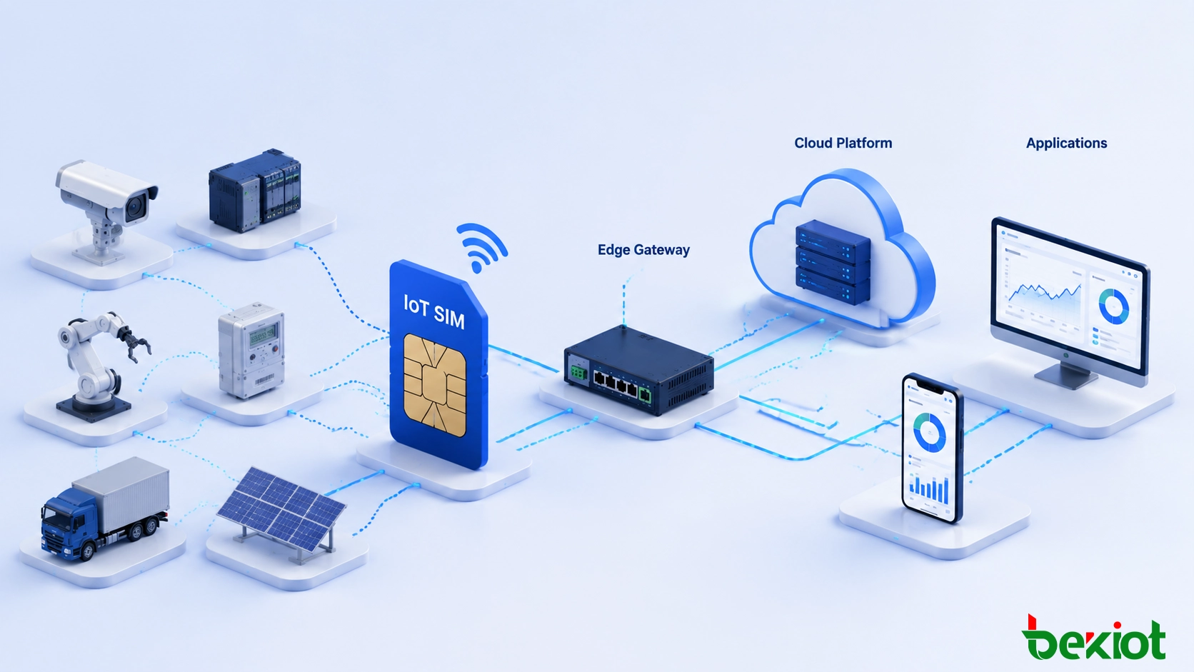 企业物联网连接架构通过物联网 SIM 蜂窝网络连接工业设备、边缘平台、云平台和业务应用