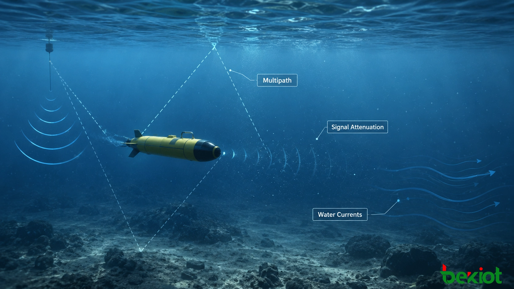 AUV水下通信环境，显示信号衰减、多径传播、水流和通信挑战