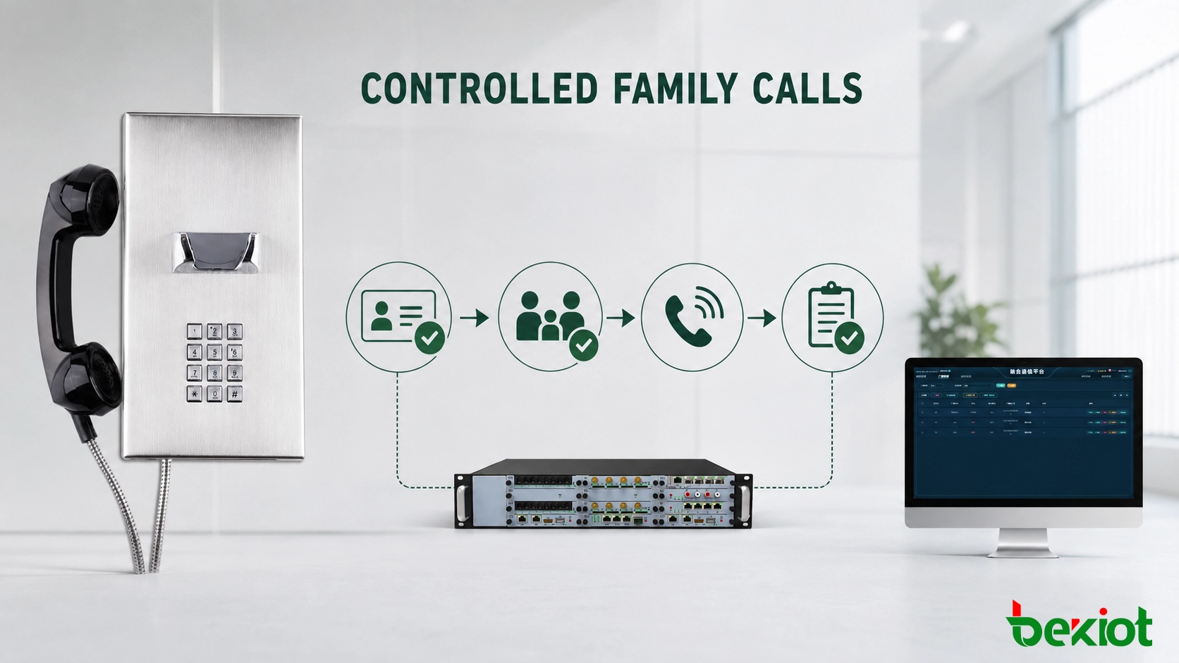 安全的囚犯家属通话工作流程，从身份验证和已批准联系人到受监督通话和审计记录