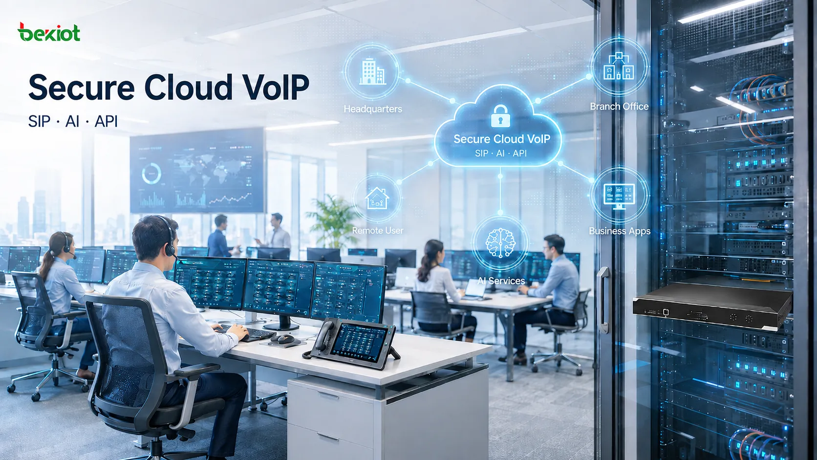 企业VoIP协作架构将SIP多通道通信、软件话务台席位、AI转写、业务应用和安全云服务整合到同一工作流