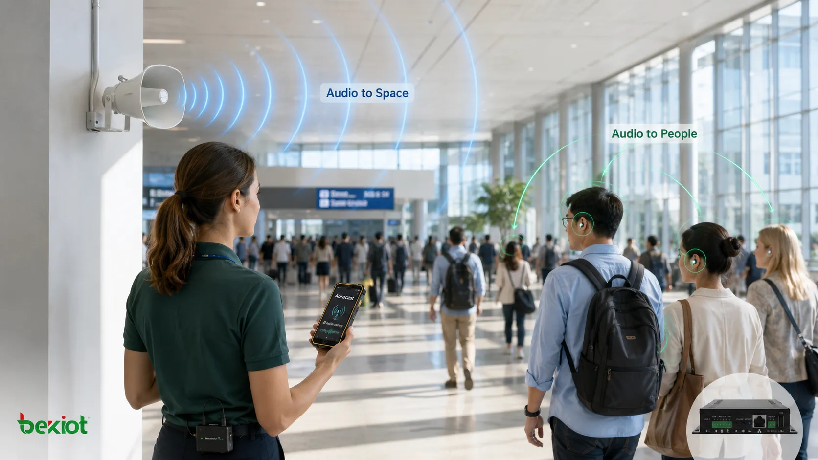 Auracast 将个人音频广播到独立接收设备，与传统公共广播系统通过扬声器覆盖物理空间的对比