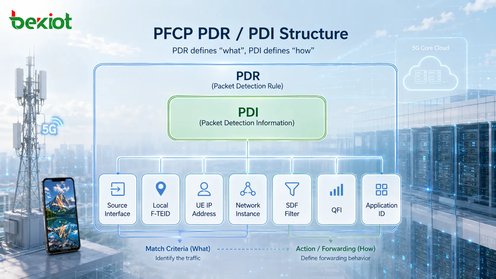 PFCP 中 PDR 与 PDI 参数结构，展示 Source Interface、Local F-TEID、UE IP Address 和 SDF Filter 匹配条件