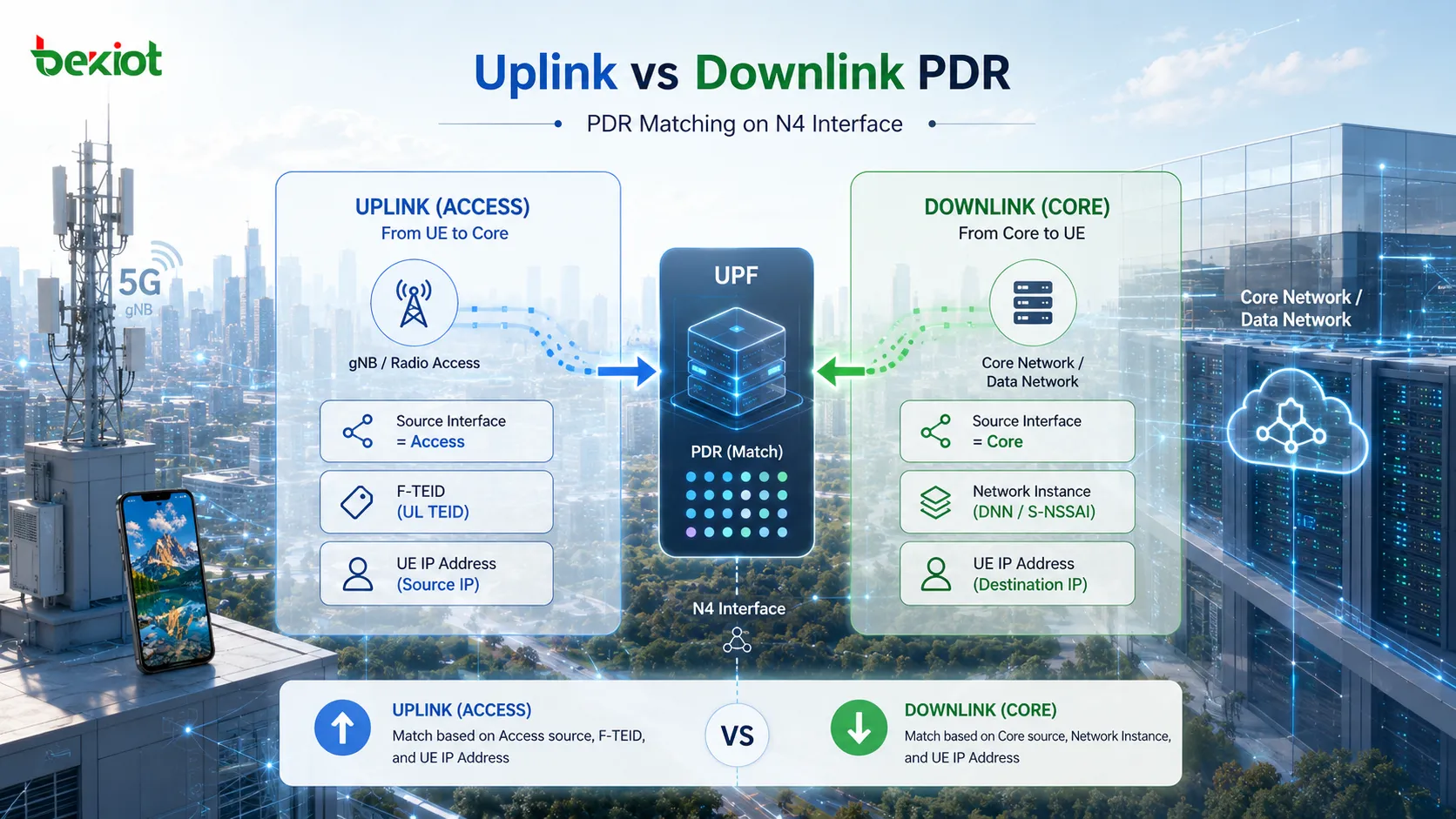 N4 接口上的上行 Access PDR 与下行 Core PDR，基于 F-TEID、Network Instance 和 UE IP Address 进行匹配