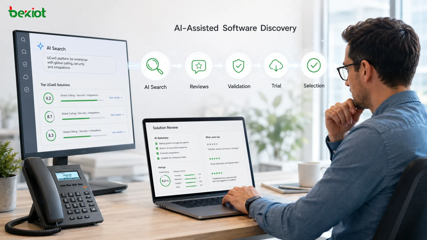 AI 辅助的 UCaaS 采购路径，从软件发现和第三方评价，到技术验证、试用和最终厂商选择