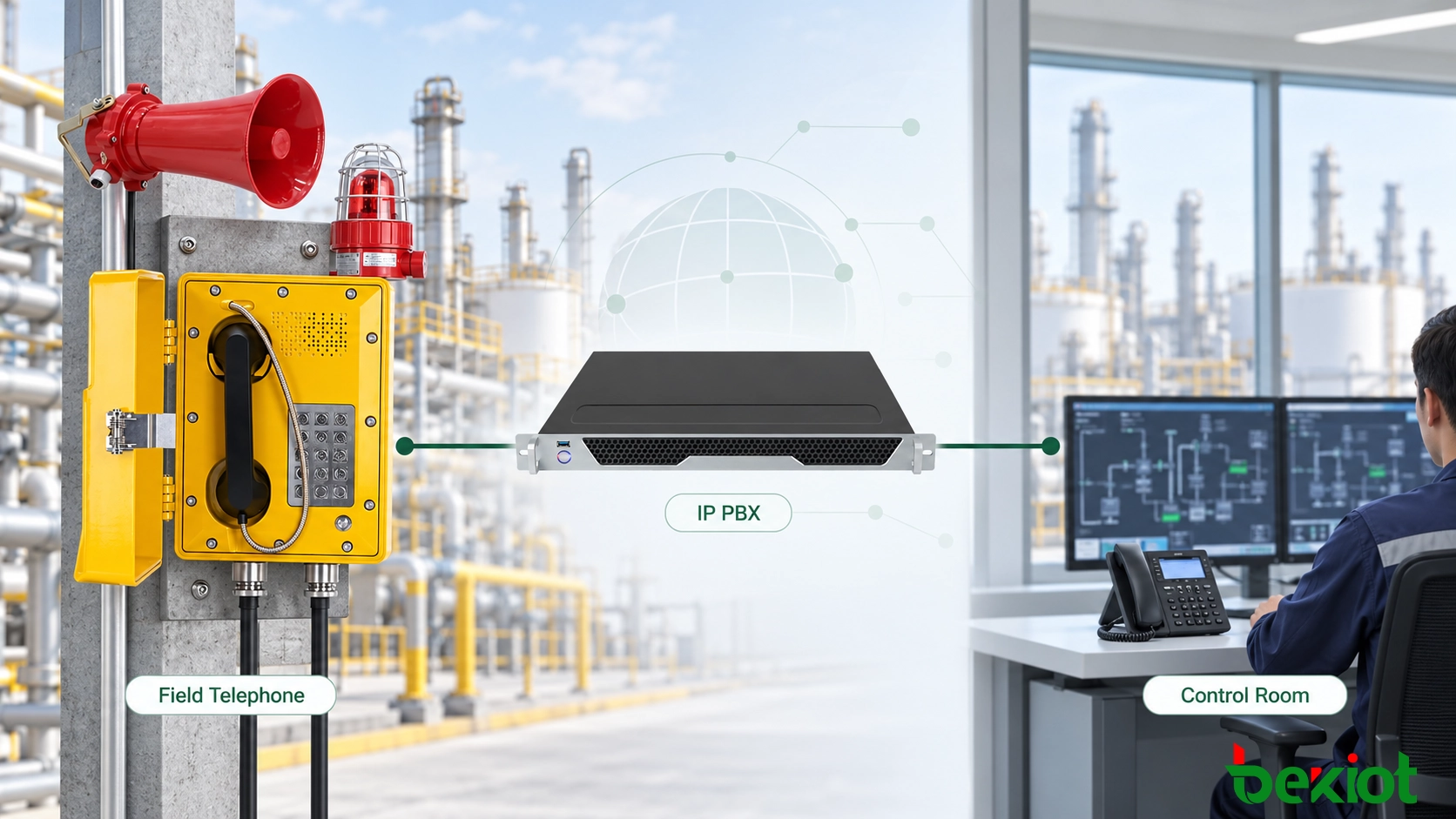 防爆电话连接至 IP PBX，用于分机呼叫和控制室通信