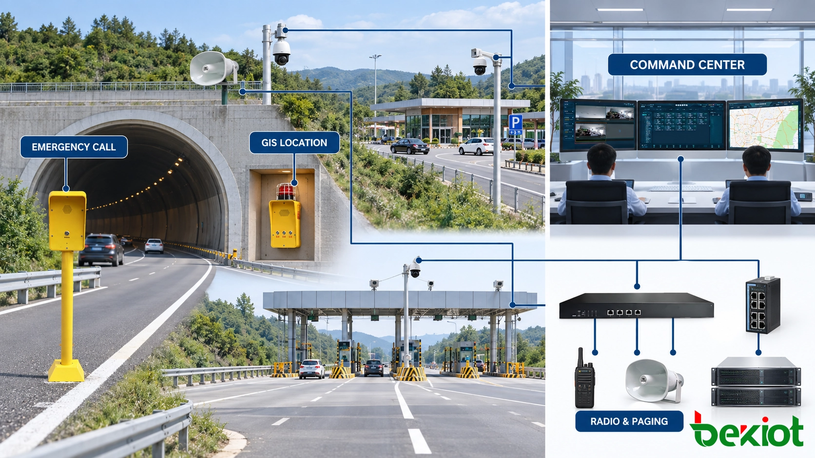 高速公路应急指挥架构，连接路边电话、隧道紧急点、无线调度、视频监控、GIS和分区广播