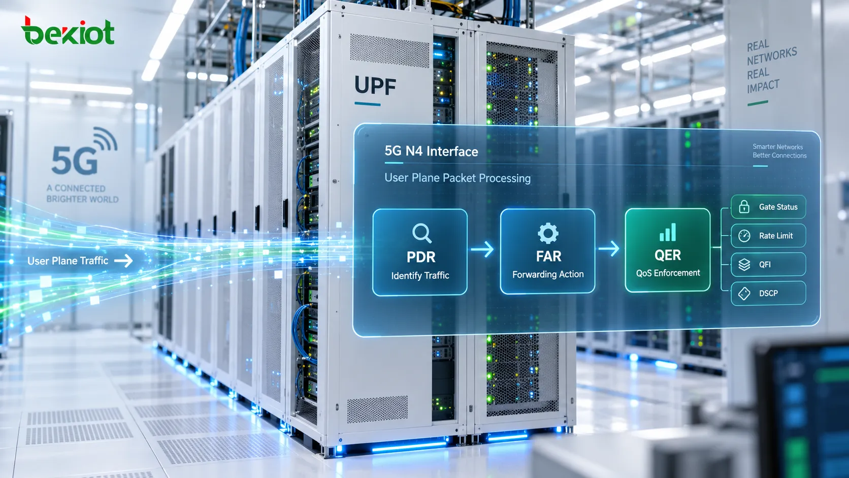 N4 接口数据包处理流程：UPF 使用 PDR 识别流量、FAR 决定转发动作，并由 QER 执行 Gate、速率限制和 QoS 策略