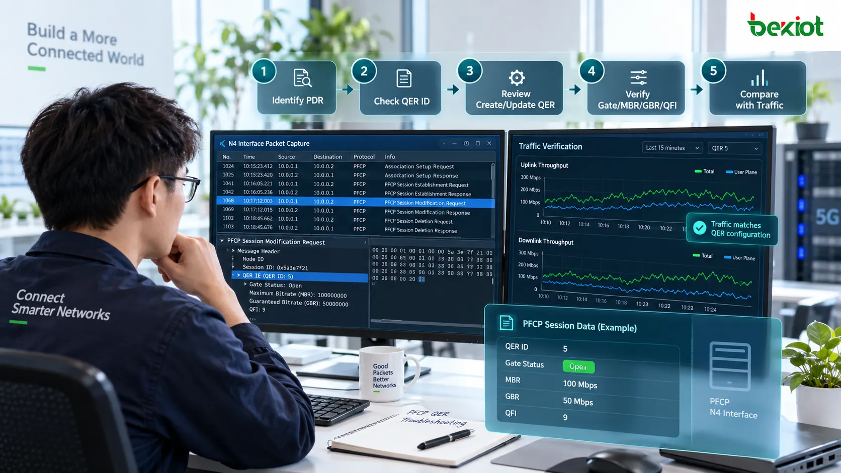 PFCP 故障排查流程：追踪 PDR 引用的 QER ID，检查 Create/Update QER、Gate Status、MBR、GBR 和 QFI，并与真实用户面流量对比