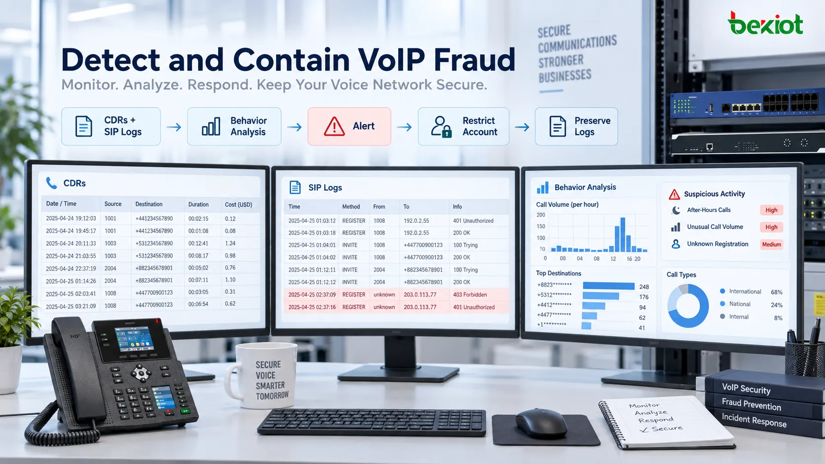 VoIP安全平台结合CDR、SIP日志、行为分析和异常告警来识别高风险呼叫，并通过账号限制、取证日志和响应流程控制事件影响