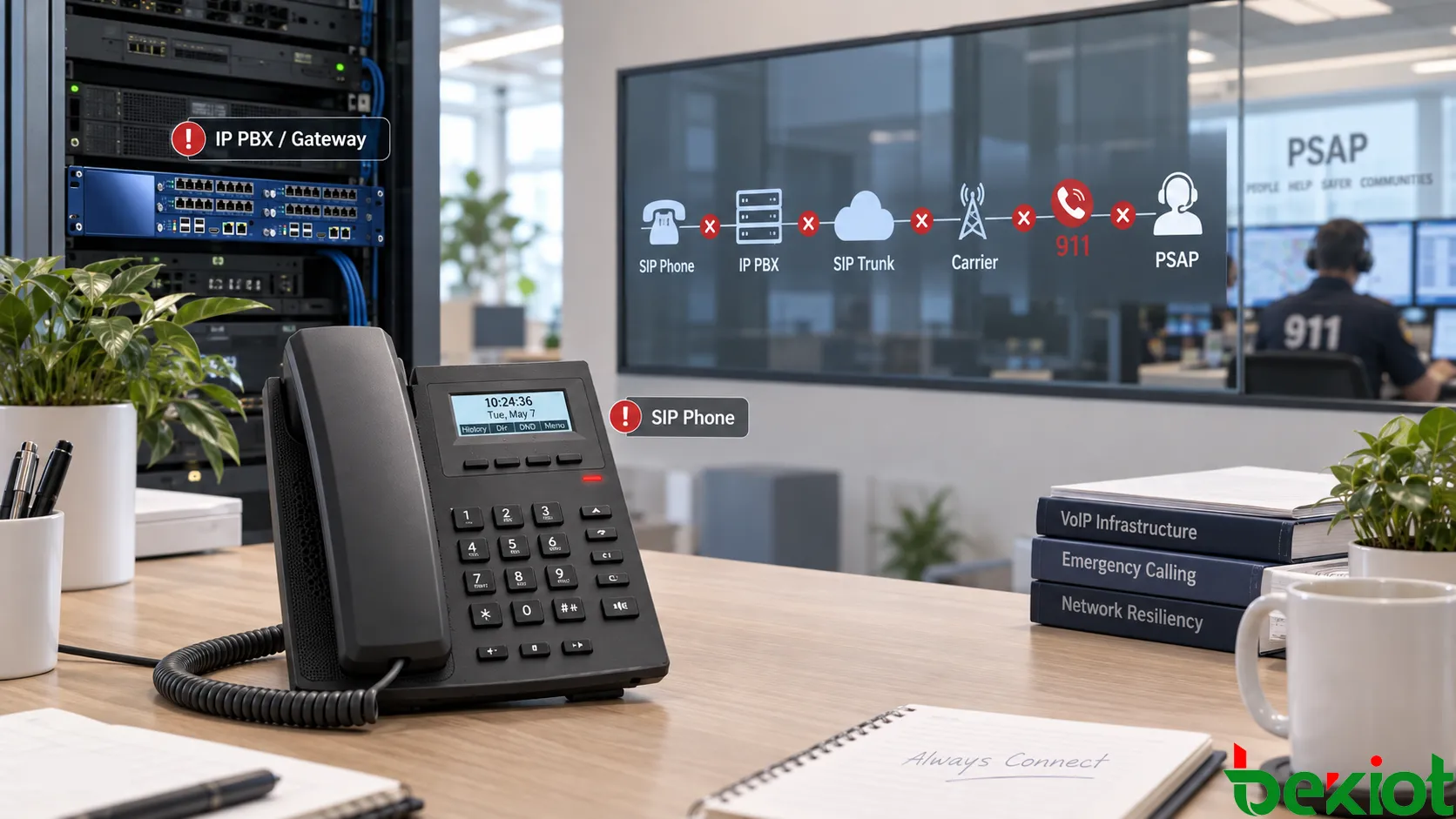 从SIP电话、企业网络、IP PBX和SIP中继，经运营商与911路由到PSAP的端到端VoIP紧急呼叫路径，展示本地、运营商和紧急服务三个独立故障域