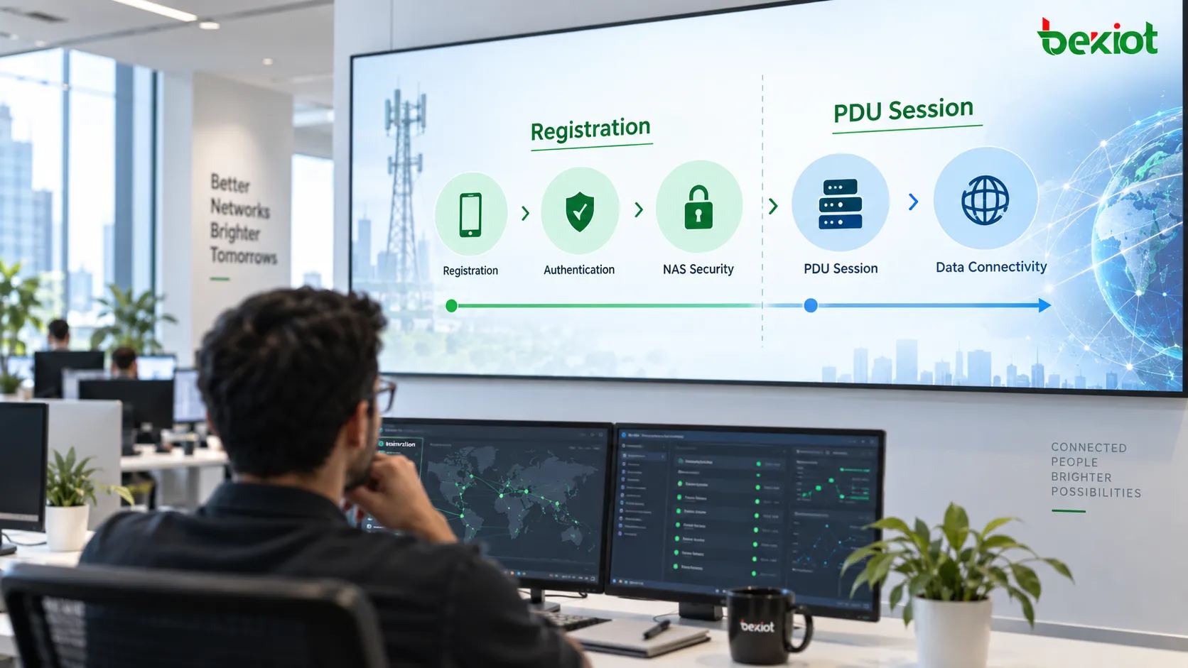 5GC 注册与 PDU 会话建立的功能边界:UE 先通过 AMF 完成身份、认证和注册,再通过 SMF 与 UPF 建立面向数据网络的用户数据会话