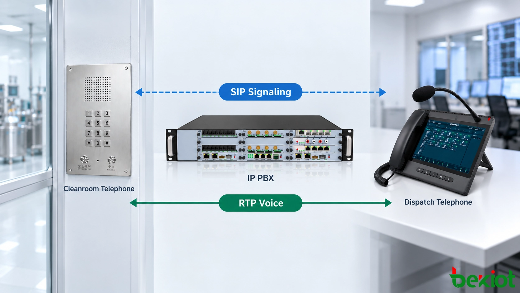 洁净室电话、IP PBX 和调度电话之间的 SIP 信令与 RTP 语音媒体路径
